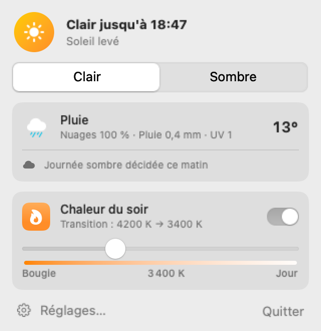 The menu in light mode: light until sunset, weather, evening warmth starting at sunset